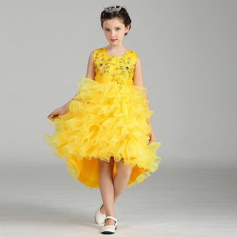 Bright Yellow High Low Party Dress for Girls with Floral Embroidered Bodice - Inayah Fashion