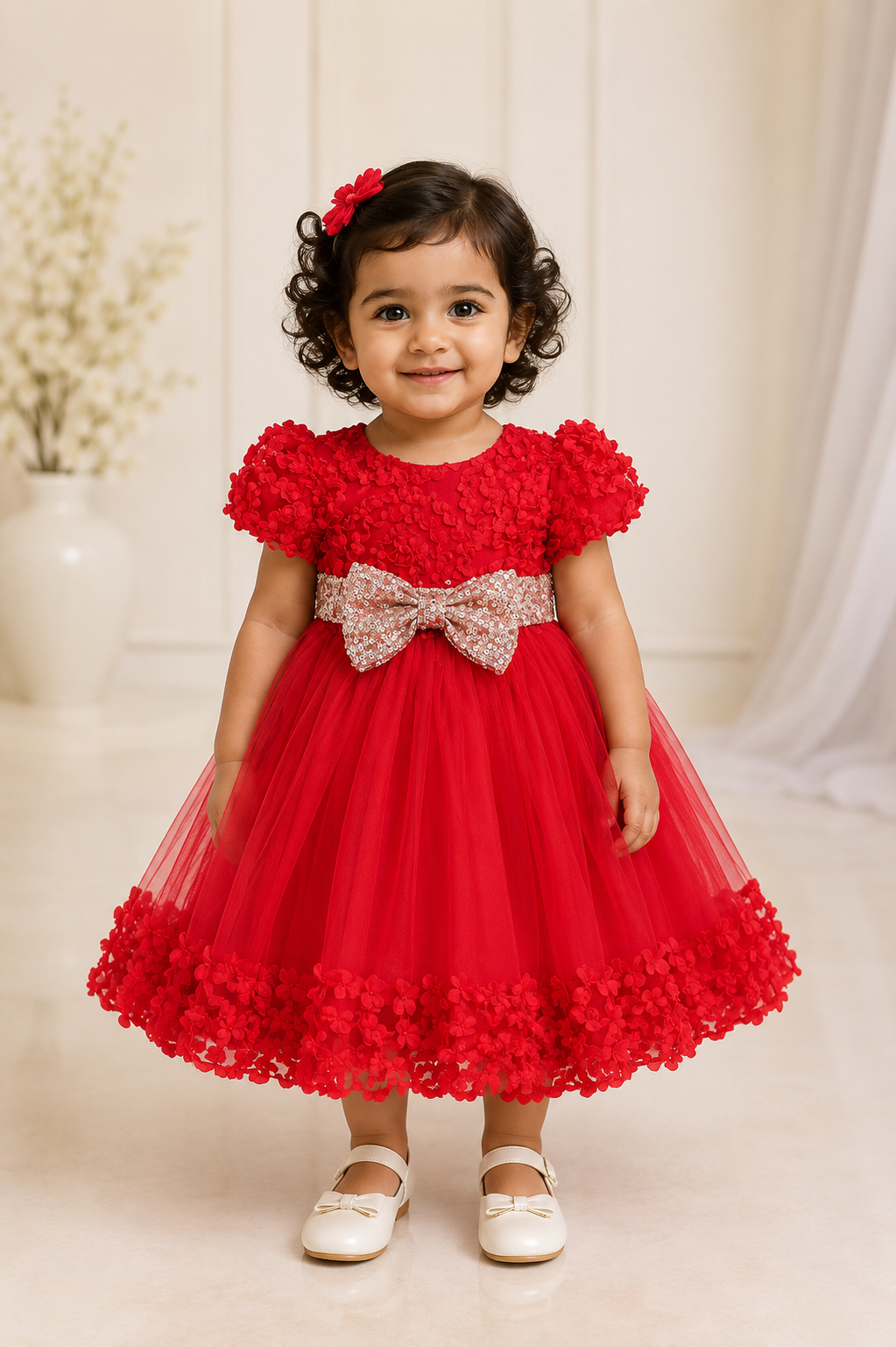 Bright red baby girl frock with 3D floral applique and sequin bow