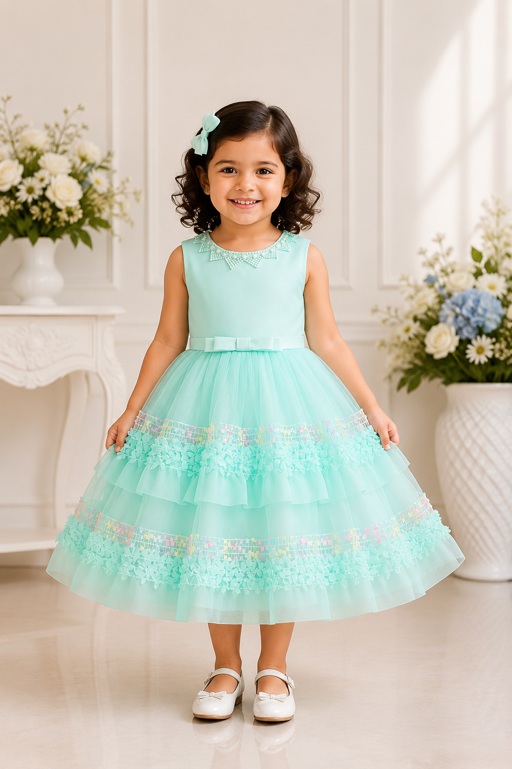 Mint green sleeveless tulle party frock for girls with floral lace and pearl neckline