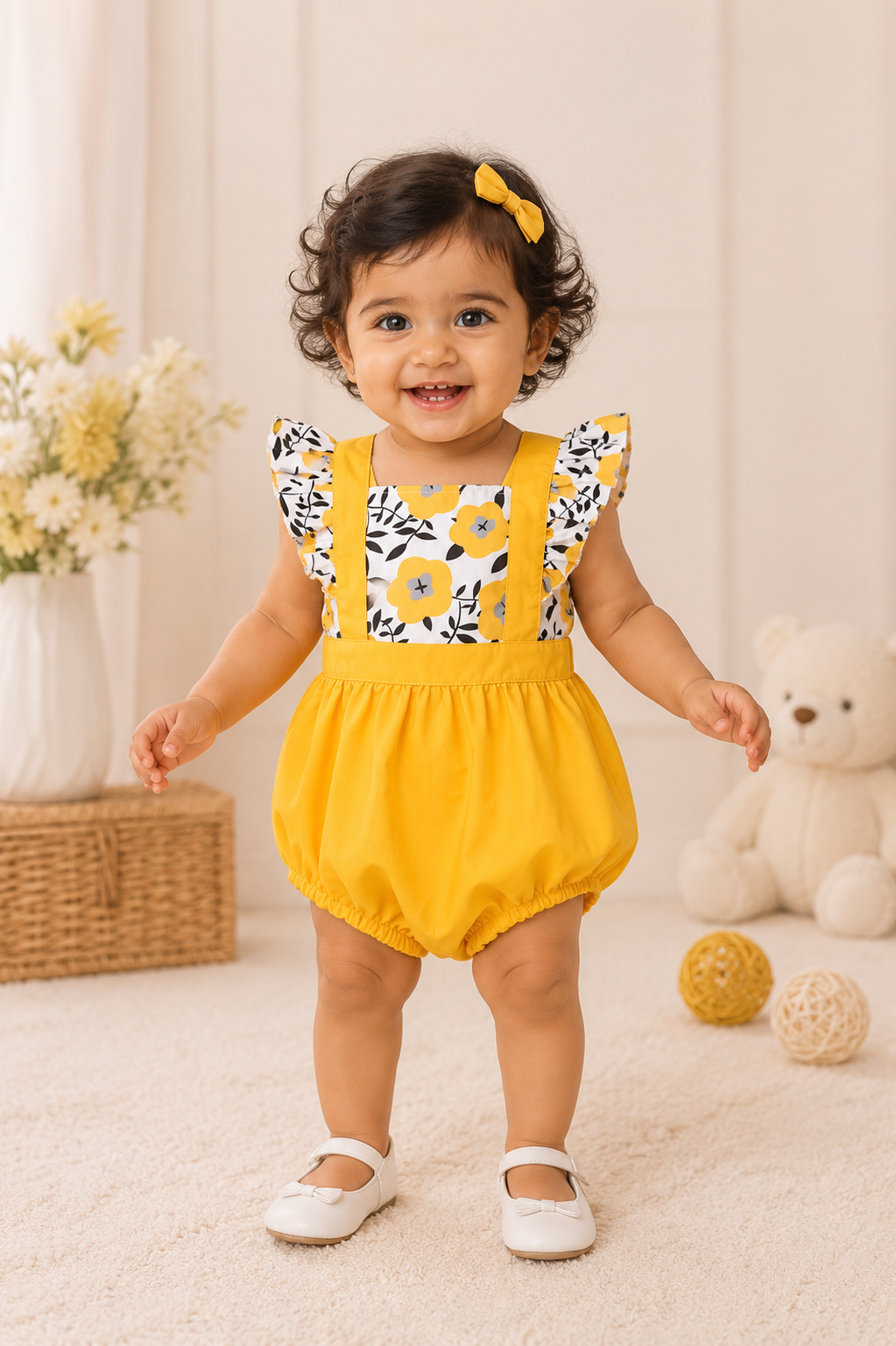 Yellow floral print ruffle-sleeve baby romper for girls