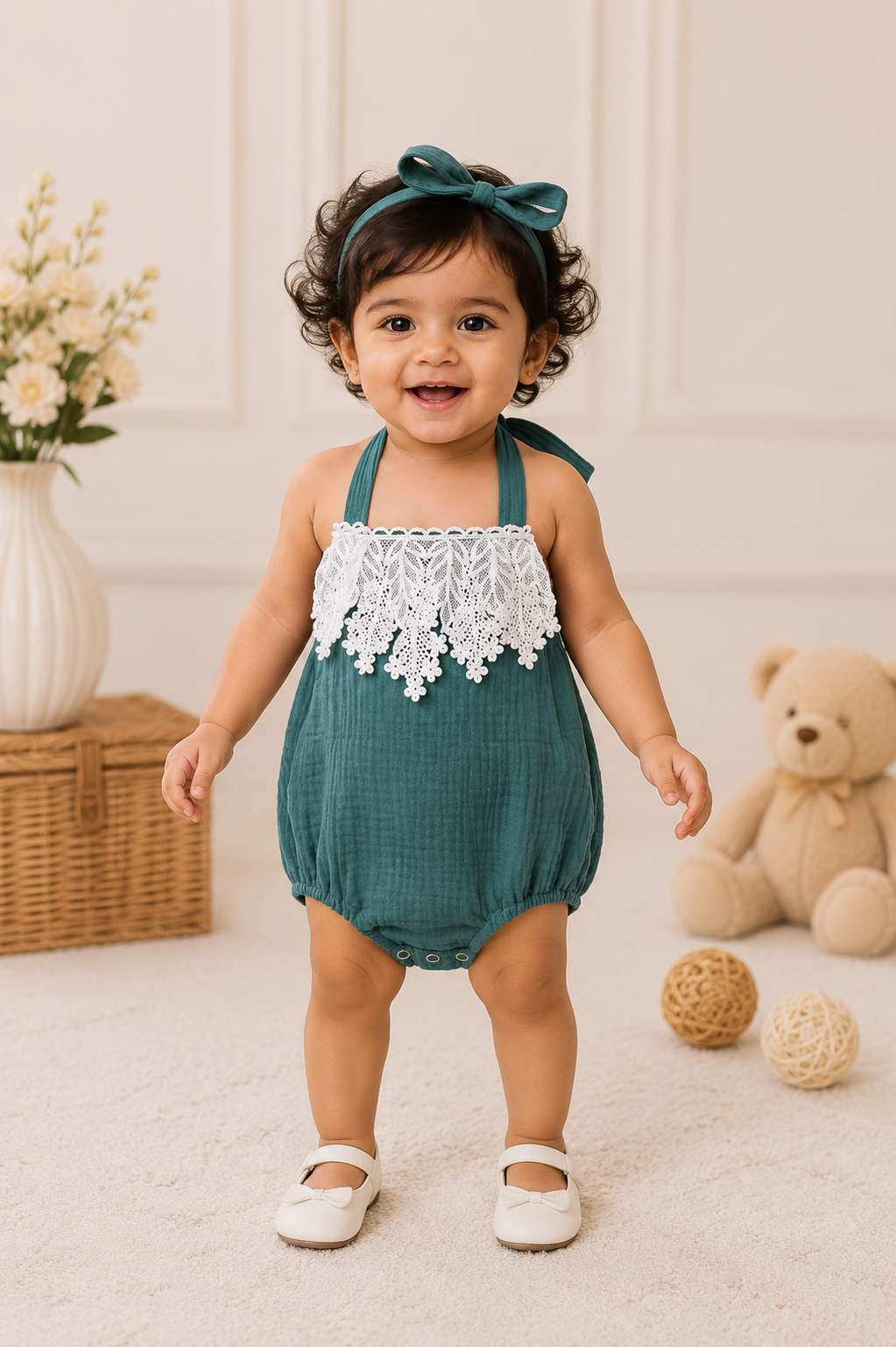 Green halter baby romper with white lace applique for girls