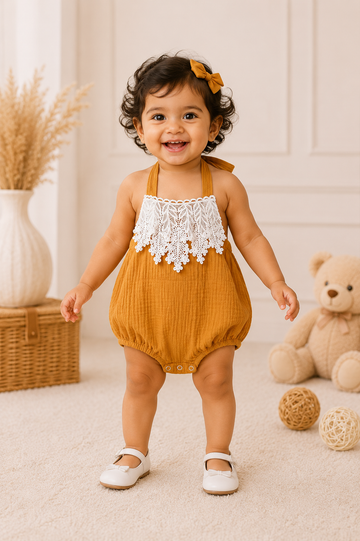 Beautiful Yellow Floral Applique Lace Baba Suit