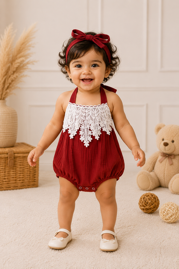 Brown halter baby romper with white lace applique for girls