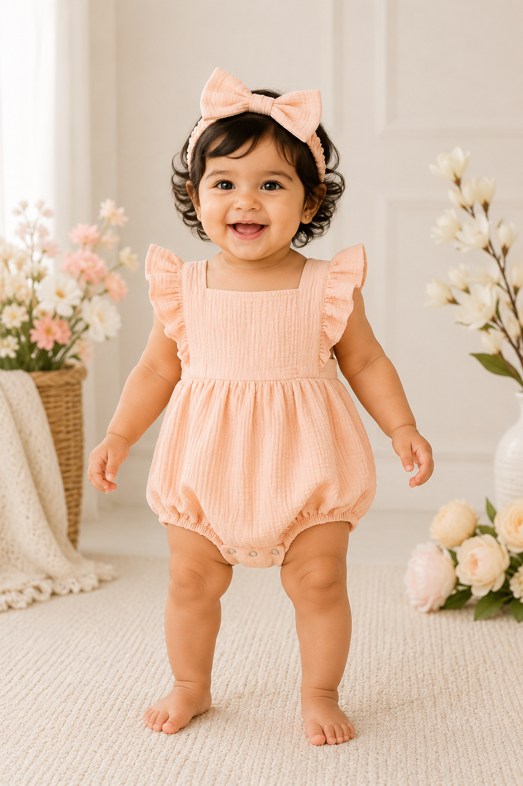 Baby pink floral applique lace romper with matching headband for girls