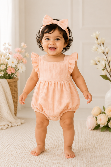 Baby pink floral applique lace romper with matching headband for girls