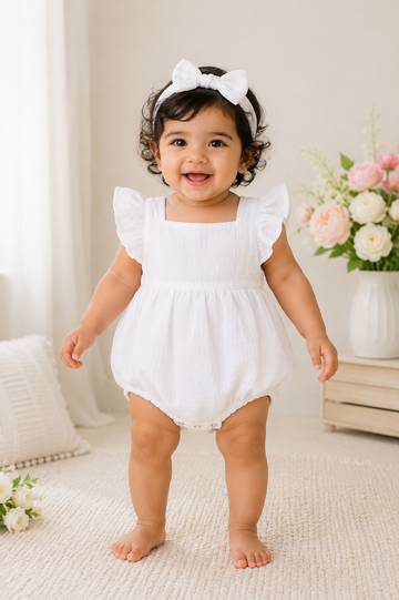White romper set with matching bow headband and ruffle sleeves for baby girls