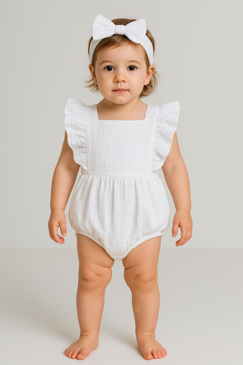 Blossom White Floral Applique Lace Baba Suit With Head Band - Inayah Fashion