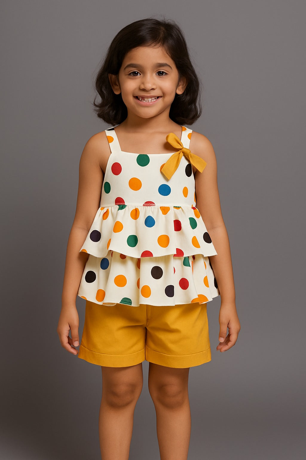 Colorful Polka Dot Sleeveless Top with Yellow Shorts for Baby Girls - Inayah Fashion