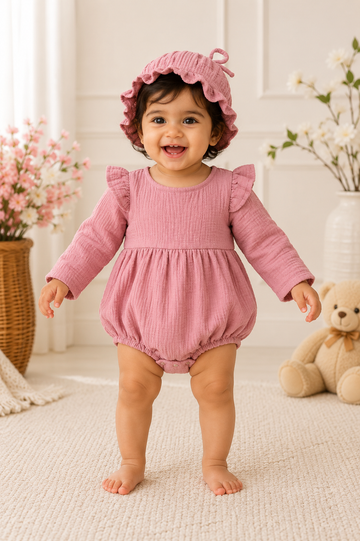 Dusty pink baby romper with matching cap for girls