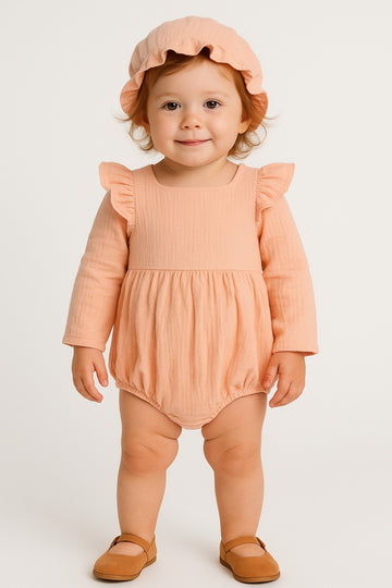 Peach Long Sleeve Romper with Ruffle Hat for Baby Girls - Inayah Fashion