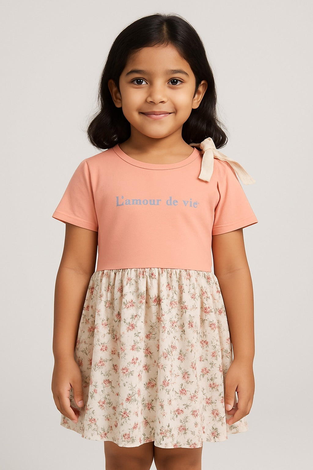Cold Shoulder Peach Top with Floral Skirt Set for Girls - Inayah Fashion