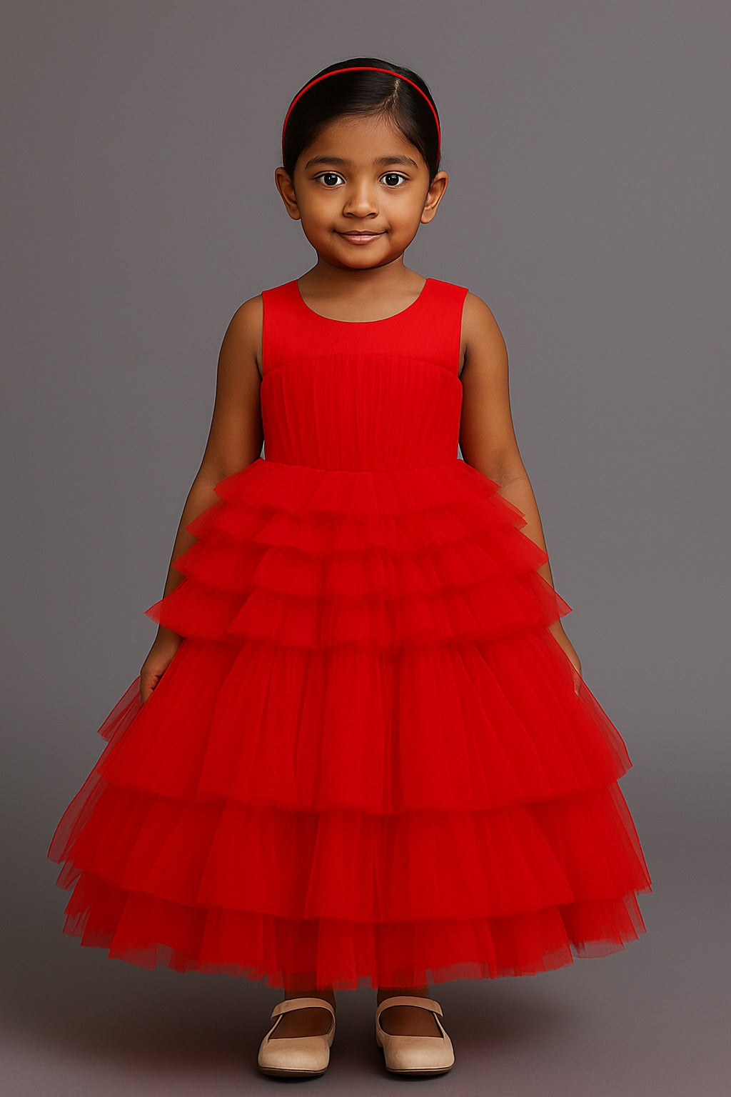 Stunning Red Layered Ruffle Tulle Gown for Girls – Sleeveless Princess Party Dress for Birthdays - Inayah Fashion