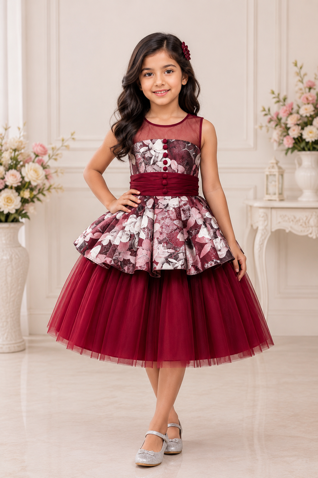 Maroon floral layered party dress for girls with net skirt