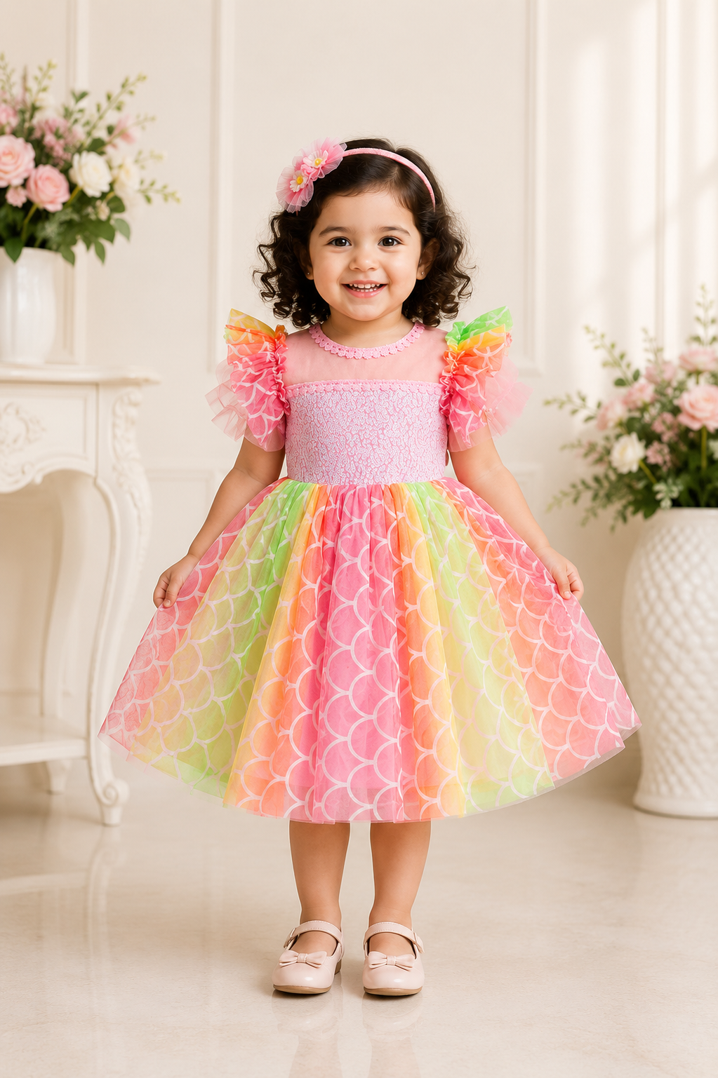 Rainbow pastel mesh party frock for baby girls with puff sleeves and scallop net skirt
