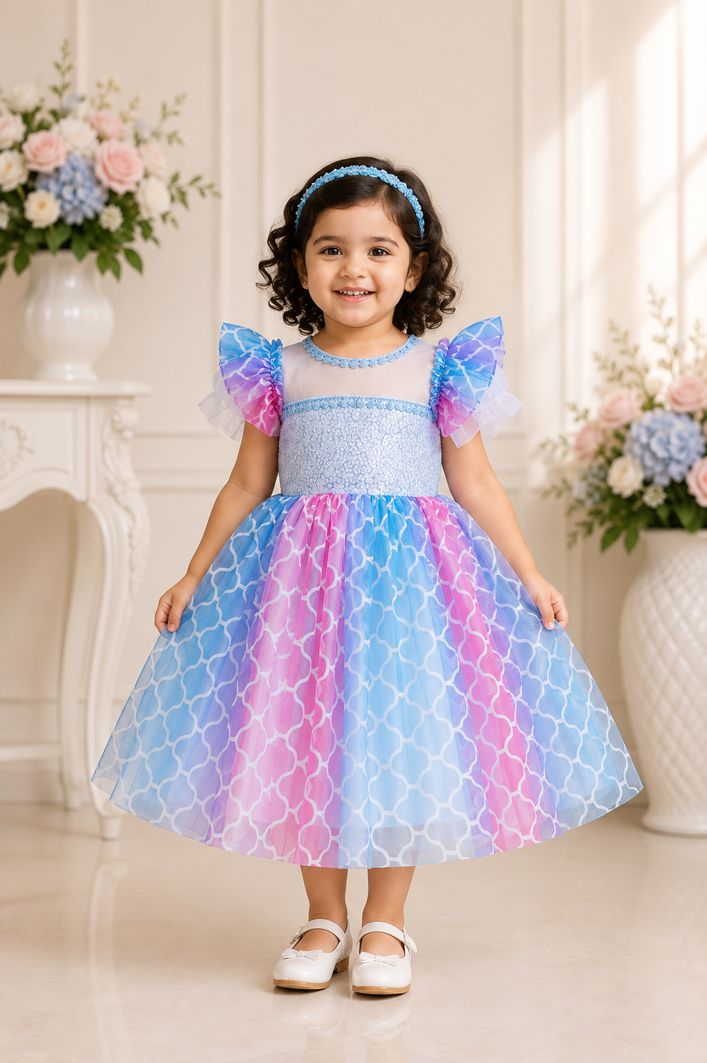 Pastel blue and pink ombre party frock for baby girls with ruffle sleeves and scallop mesh skirt