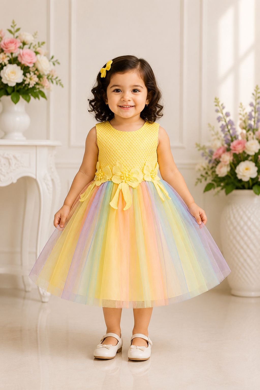 Yellow net bodice party frock for baby girls with 3D floral waist and rainbow tulle skirt