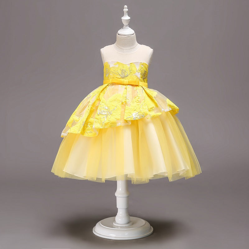Sunny Yellow Layered Net Party Gown for Girls with Floral Embroidery and Satin Bow - Inayah Fashion