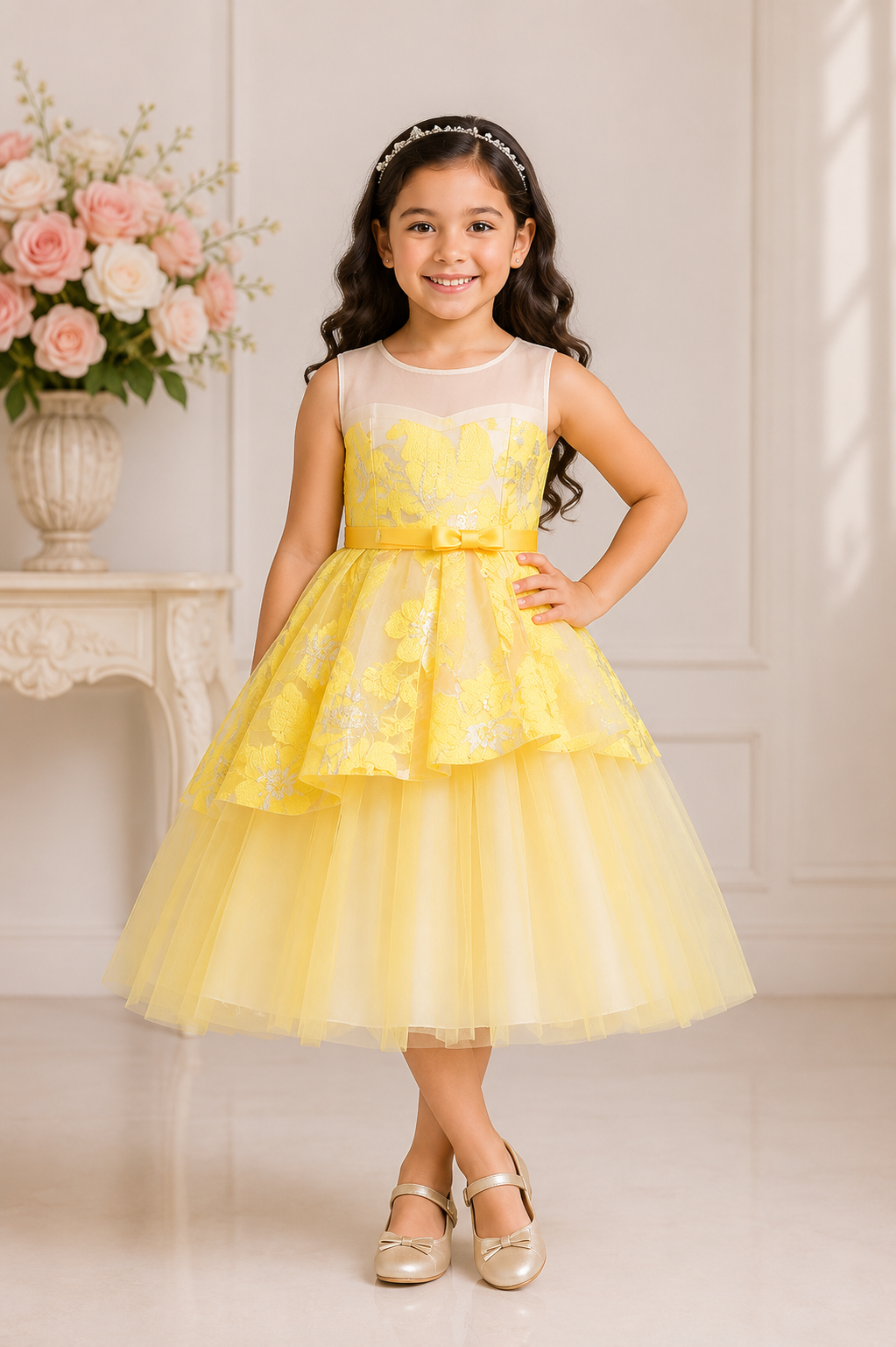 Yellow layered net party gown for girls with floral embroidery and satin bow
