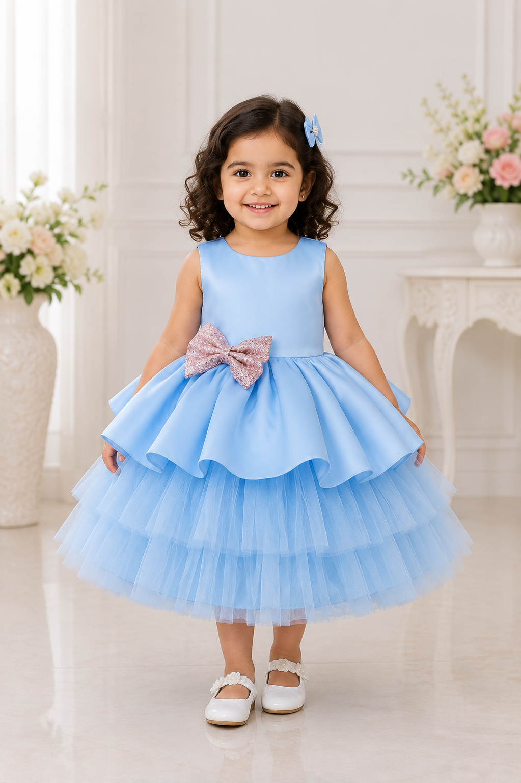 blue party children dress Aqua Solid Applique Floral Sleeveless Bow Pink Cotton Poplin A-Line reativar_18.06 holiday get Filling:Mocha