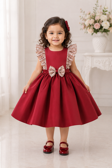 Maroon Baby Girl Party Dress with Sequin Sleeves & Big Back Bow
