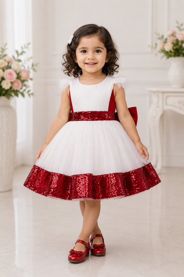 White and Red Baby Girl Party Dress with Feather Sleeves, Sequin Waist & Hem