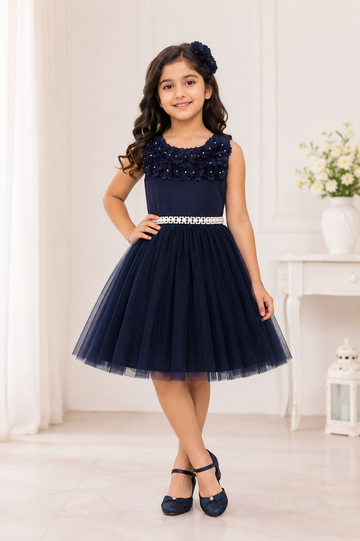 Navy Blue Pearl Belt Party Frock with 3D Floral Bodice