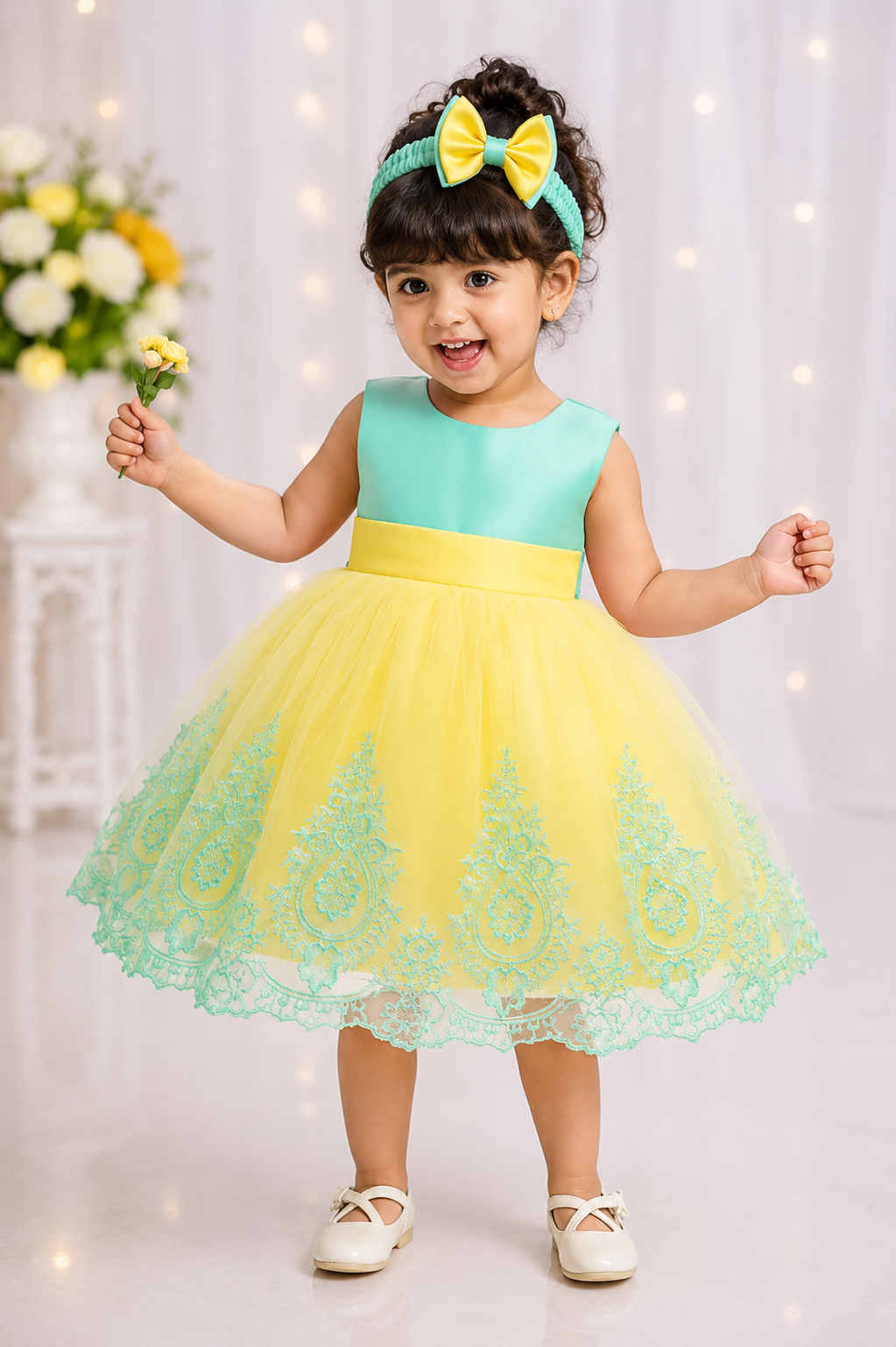 Yellow and aqua green embroidered baby frock with matching bow headband