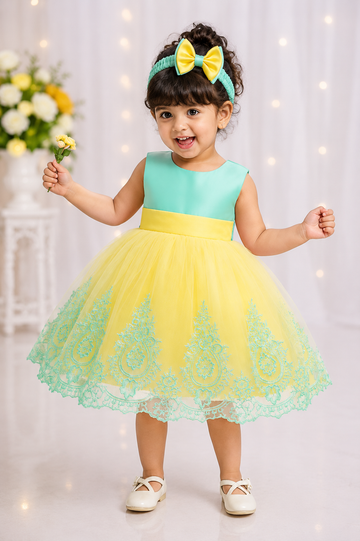 Yellow and aqua green embroidered baby frock with matching bow headband