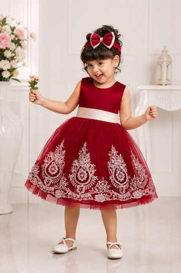 Red embroidered net sleeveless party dress for baby girls with satin waistband