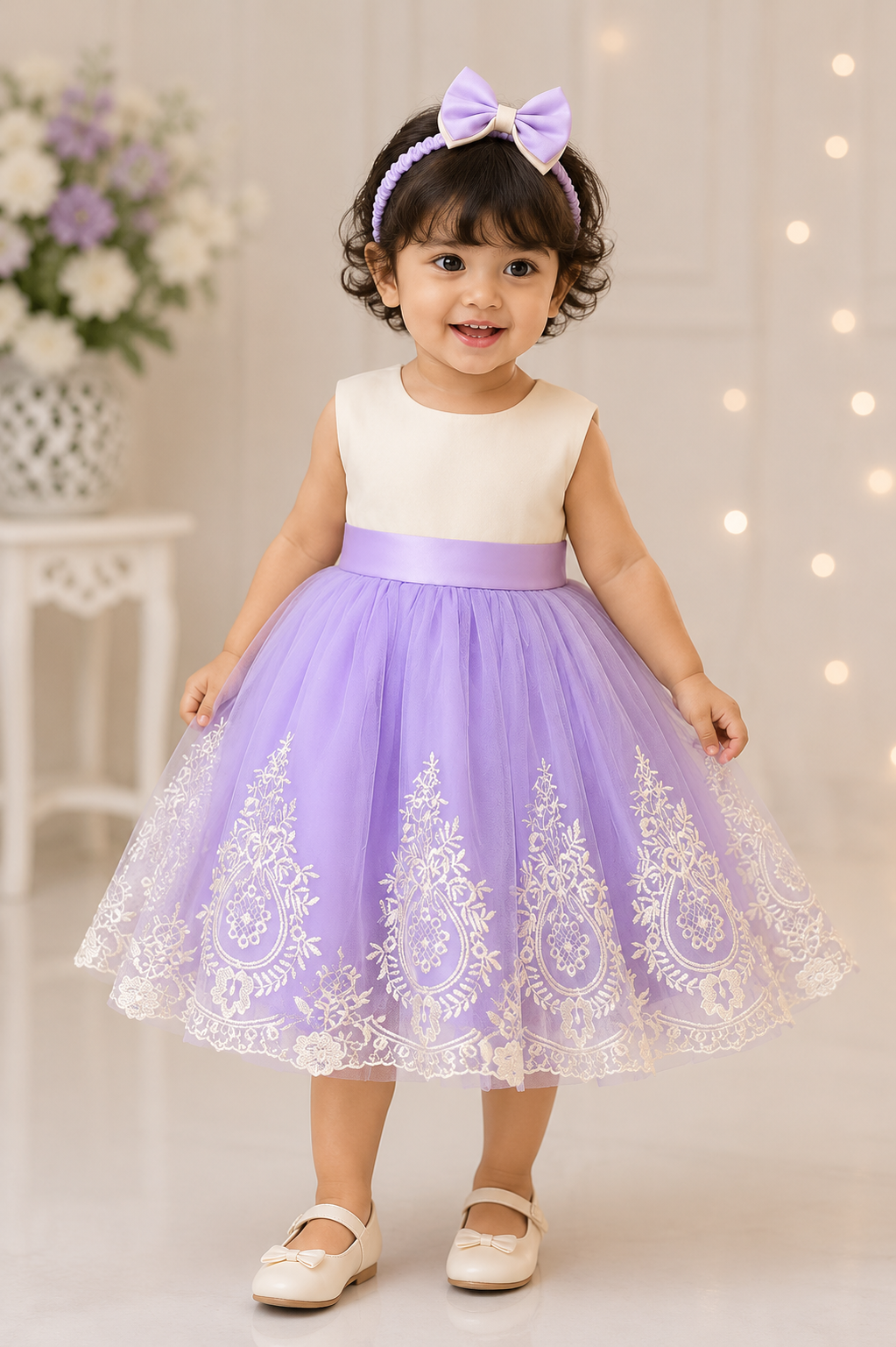 Lavender tulle baby frock with embroidered hem and matching headband