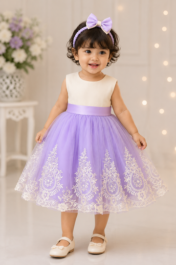 Lavender tulle baby frock with embroidered hem and matching headband