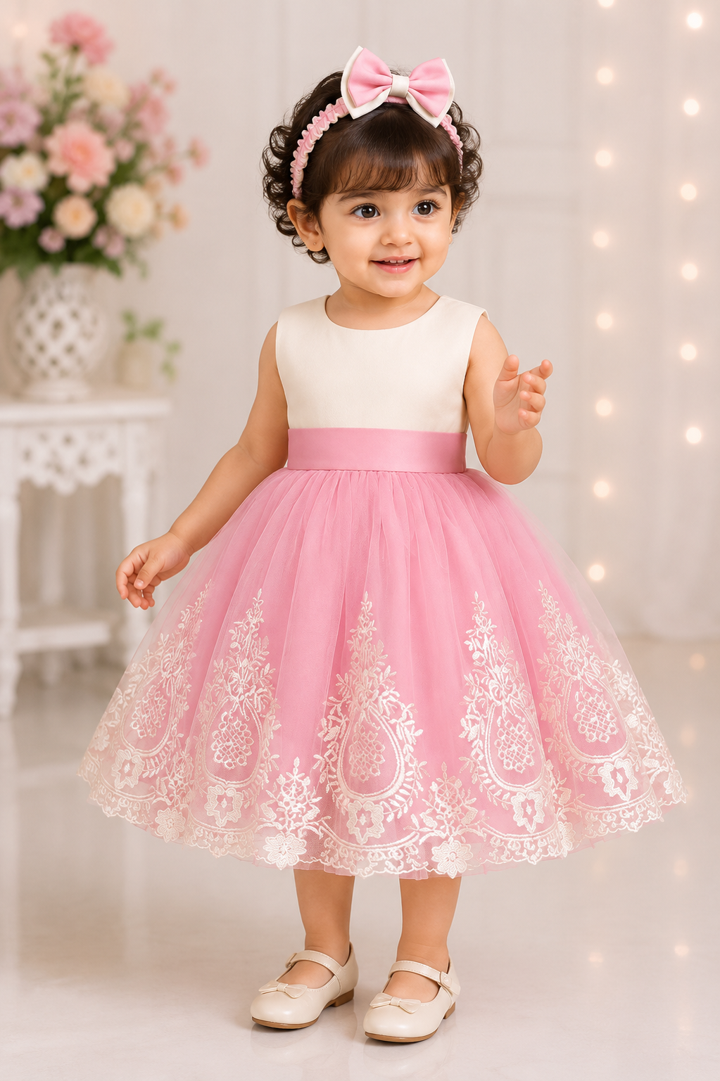 Pink embroidered baby girl frock with matching headband