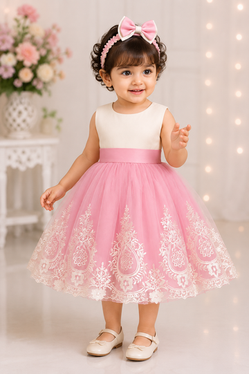 Pink embroidered baby girl frock with matching headband