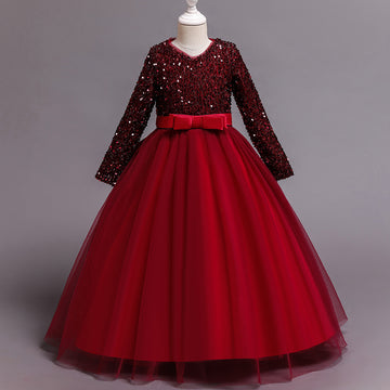 Wine Red Sequin Party Gown with Full Sleeves and Bow Waist
