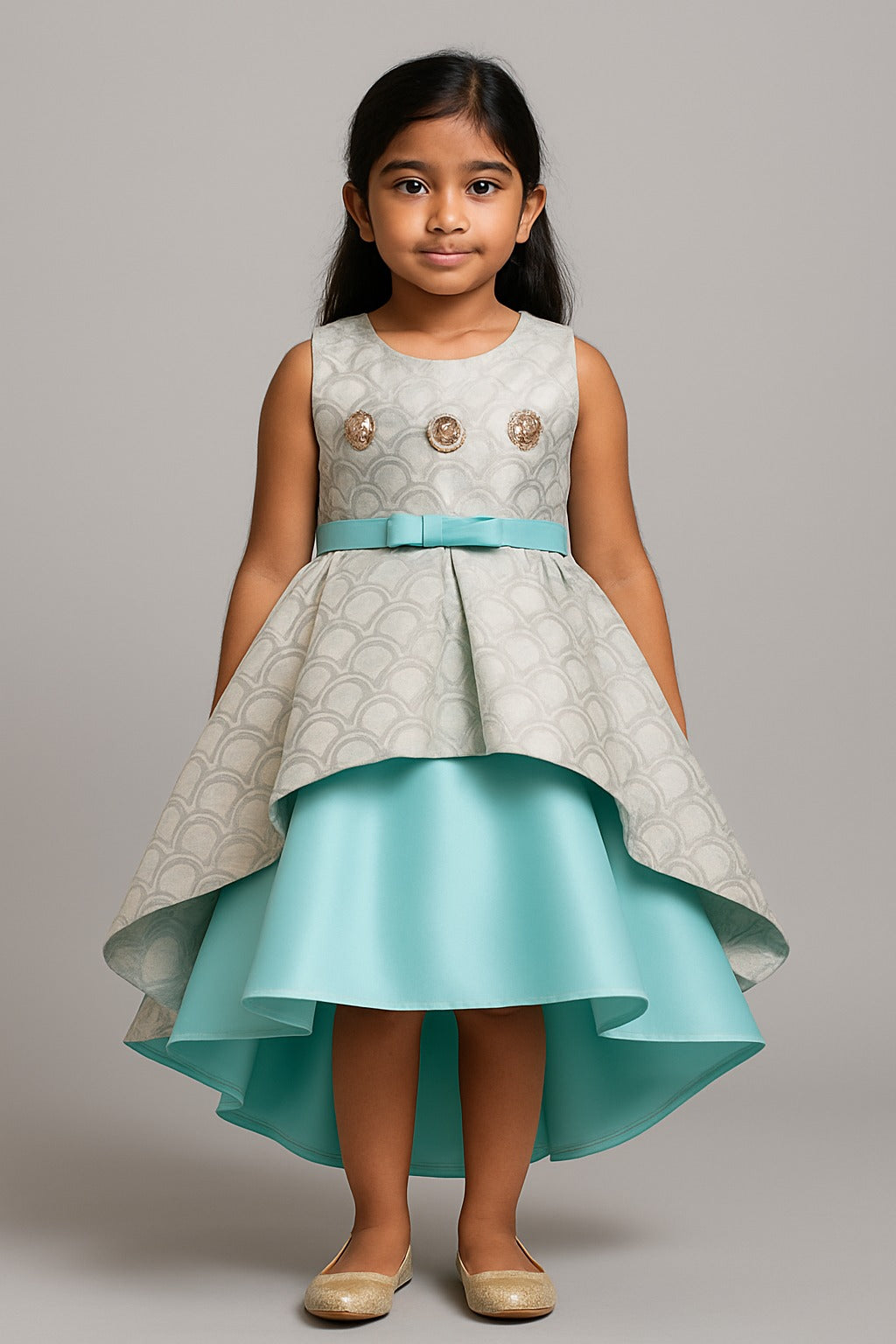 Acqua Blue Short Sleeve Solid Applique Floral Party Dress - Inayah Fashion