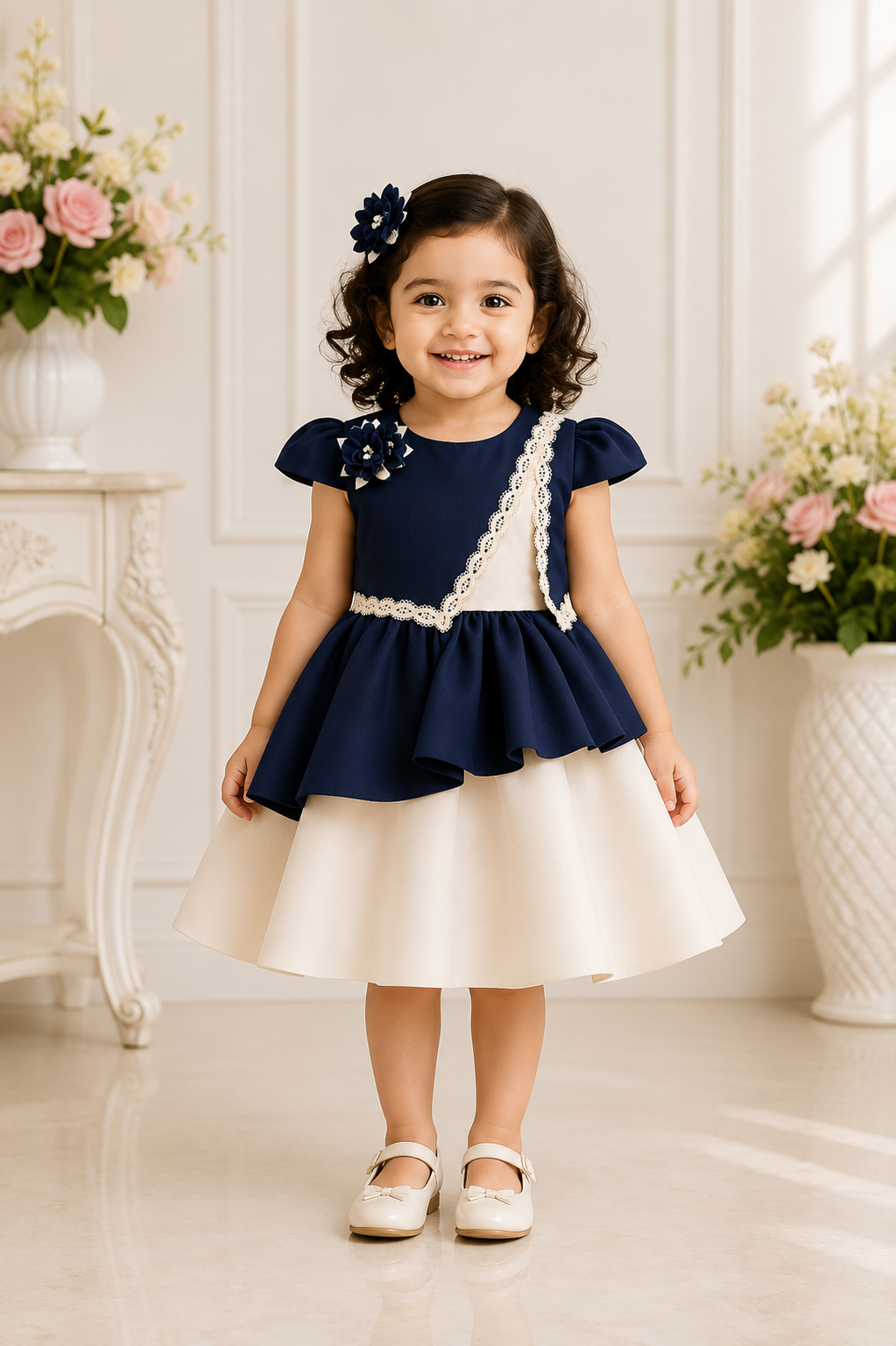 Navy blue short-sleeve party dress for girls with fitted bodice and flared skirt