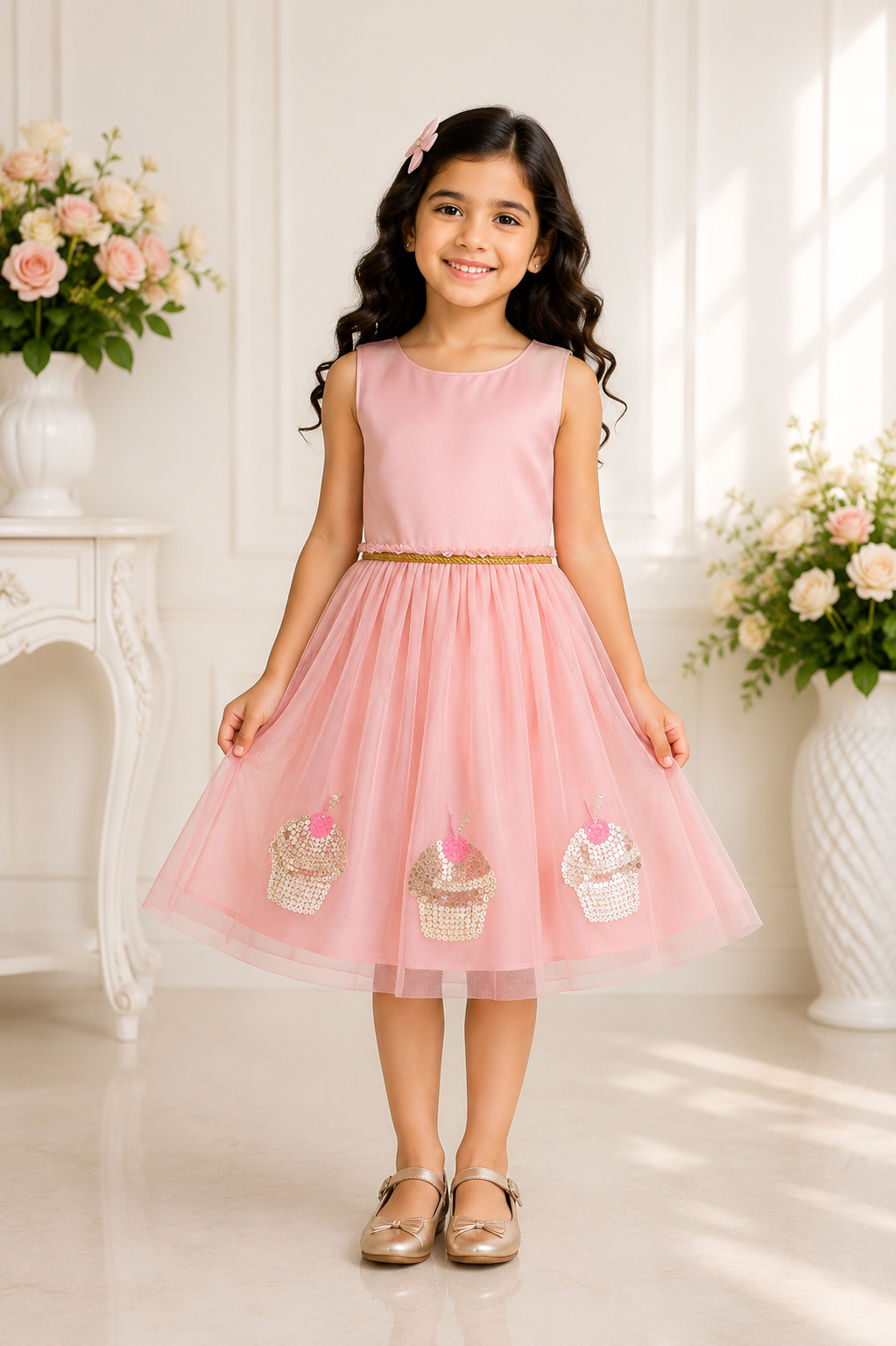 Blush pink sleeveless party frock for girls with cupcake sequin embroidery and golden waist belt