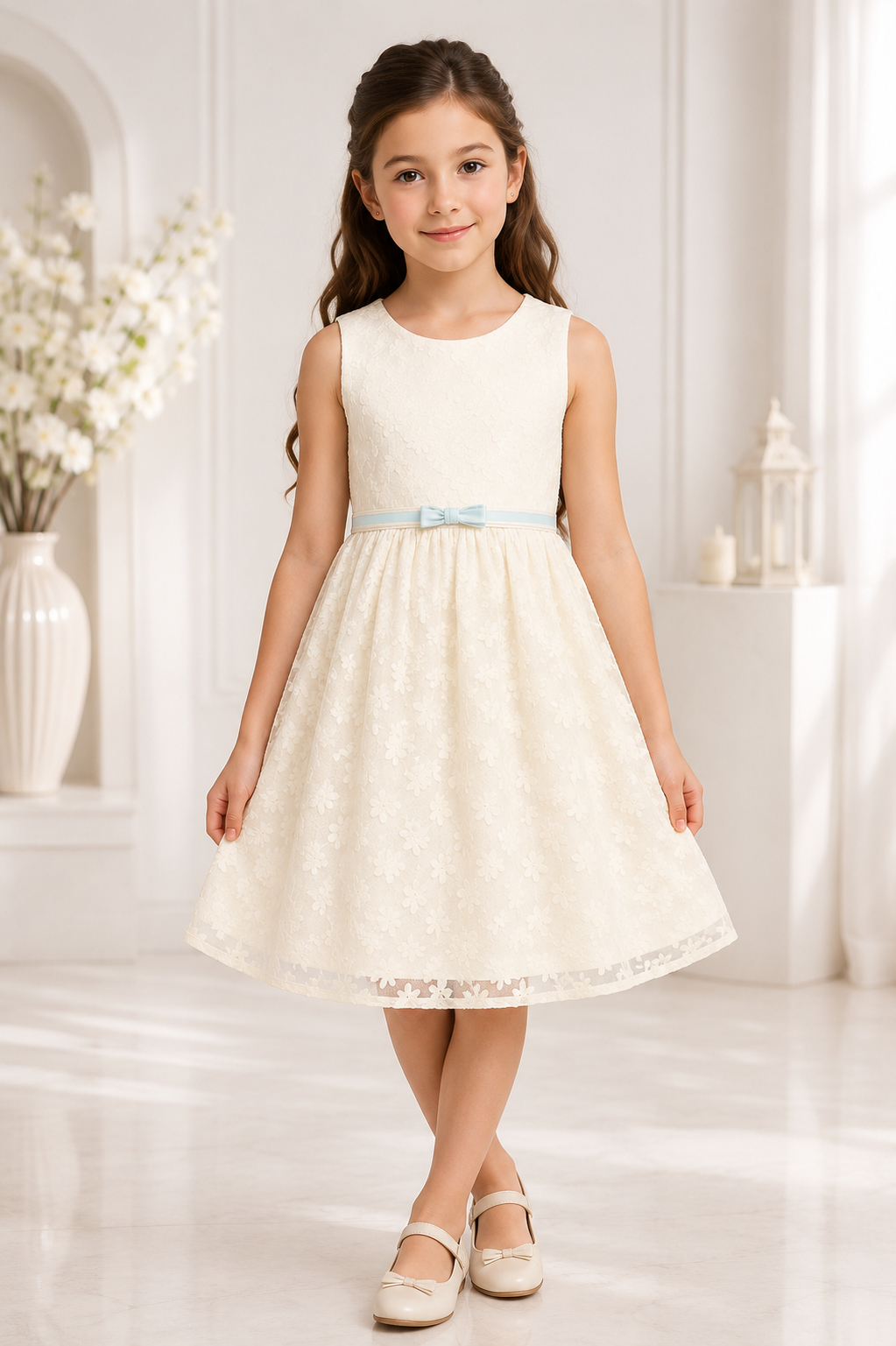 Cream sleeveless lace dress for girls with floral net and pastel belt