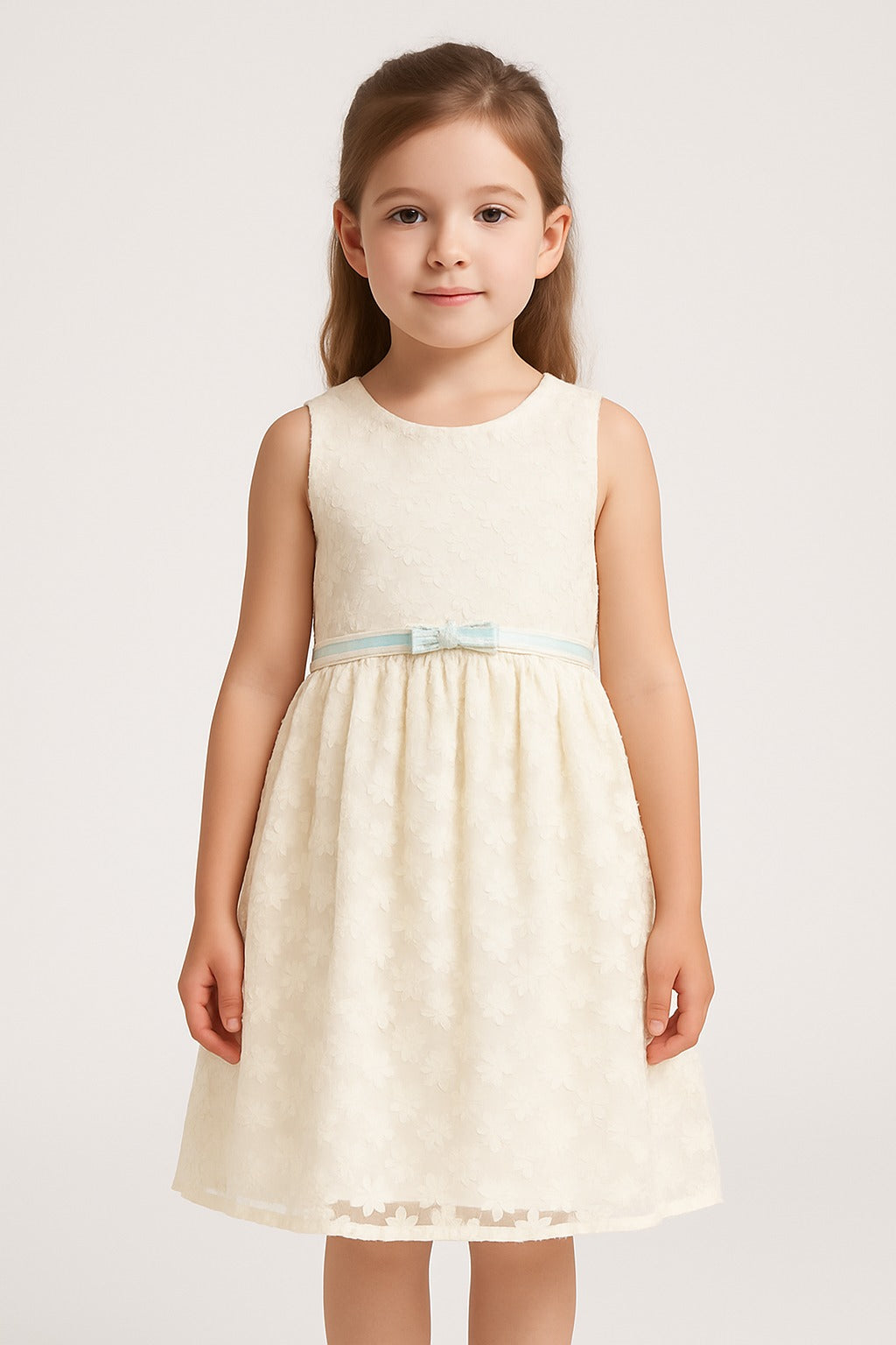 Elegant Cream Sleeveless Lace Dress for Girls with Floral Net Design and Pastel Belt - Inayah Fashion