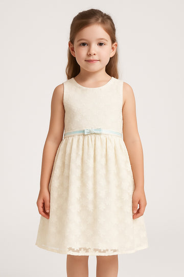Elegant Cream Sleeveless Lace Dress for Girls with Floral Net Design and Pastel Belt - Inayah Fashion