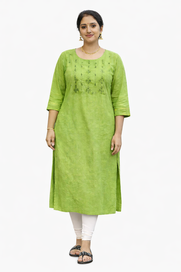 Lime Green Embroidered Cotton Kurti for Women | Elegant Straight Fit Top