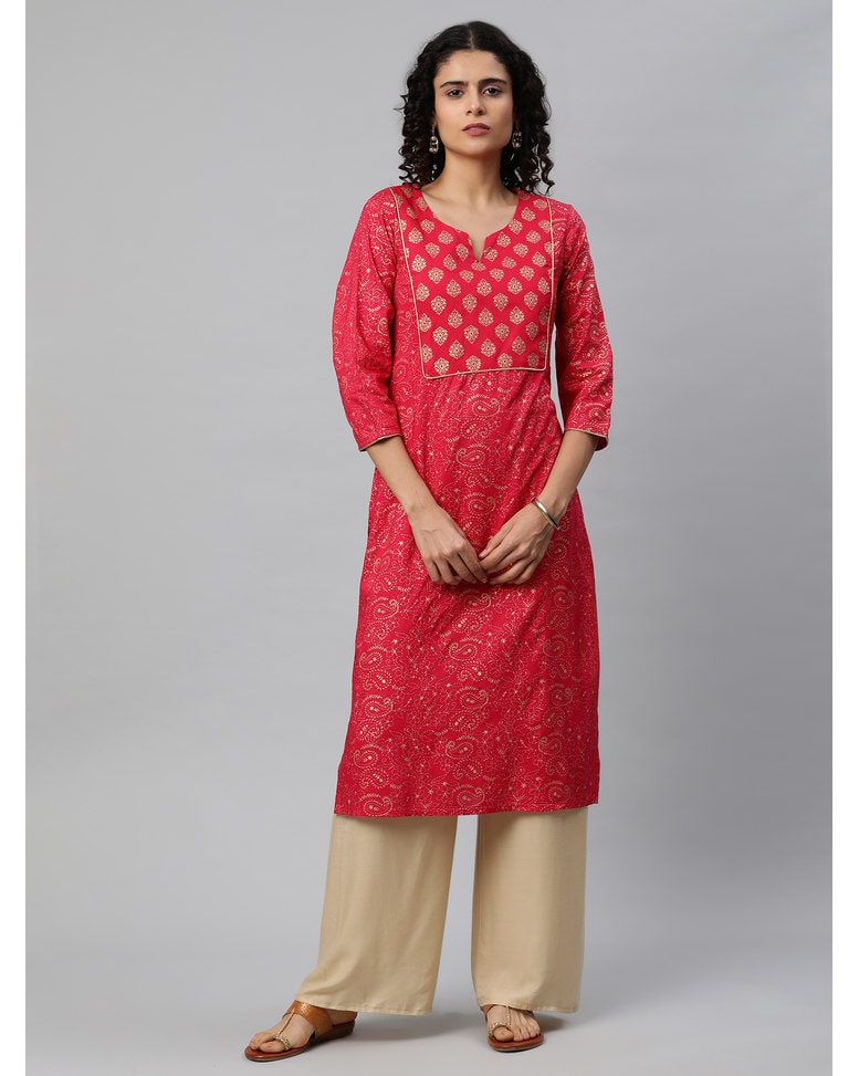 Red jacquard printed straight kurti for women