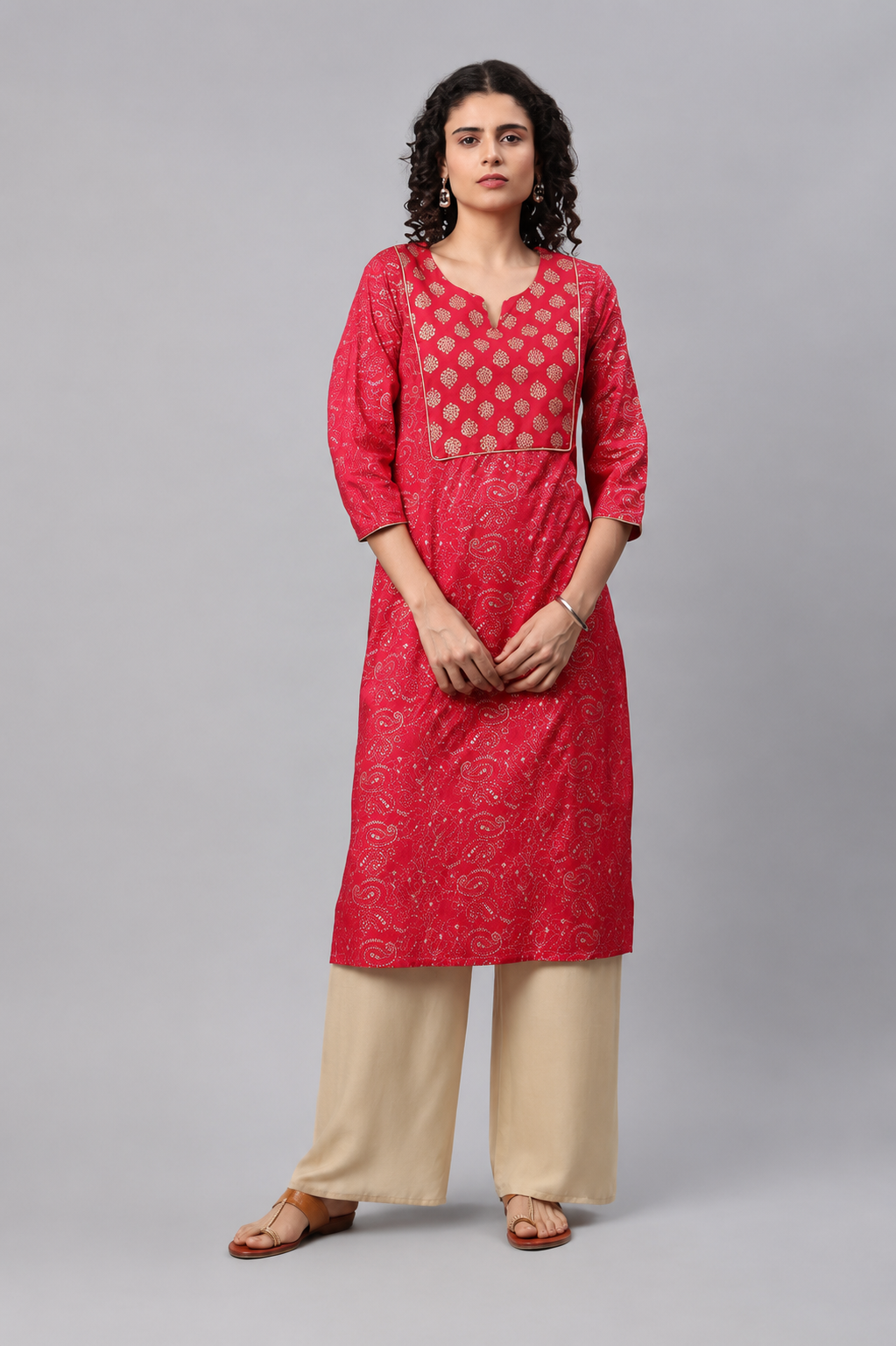 Red jacquard printed straight kurti for women