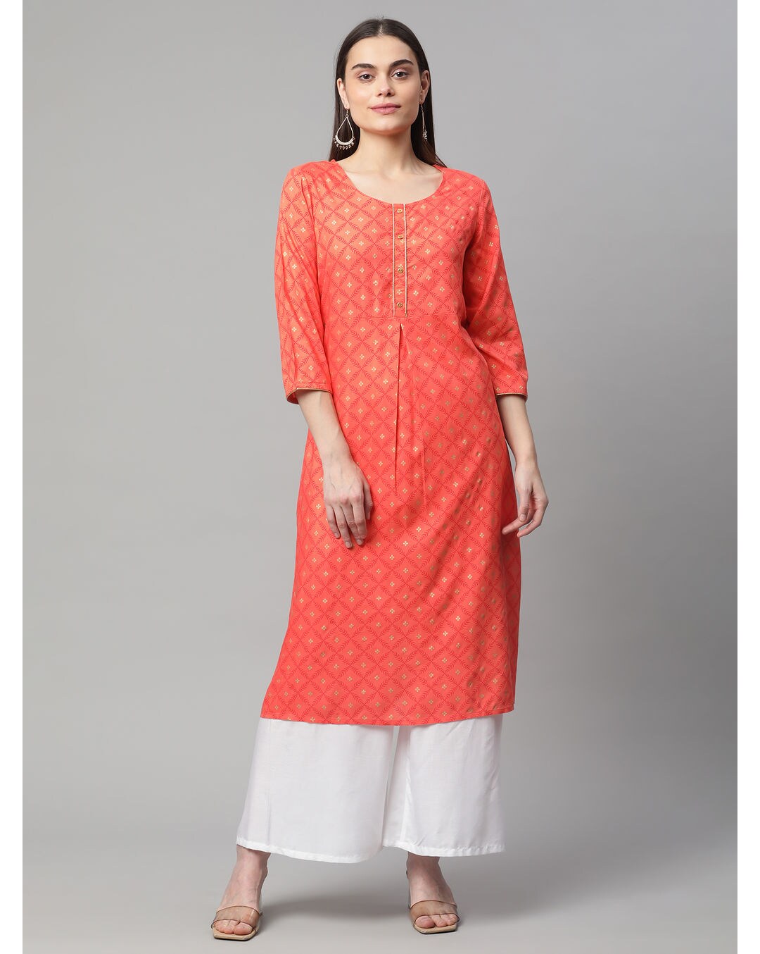 Peach printed straight kurti for women