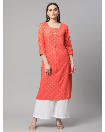 Peach printed straight kurti for women