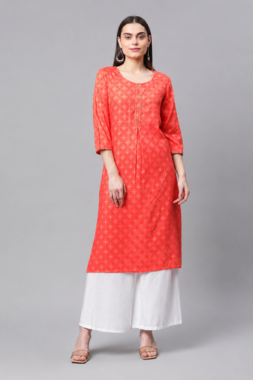 Peach Printed Straight Kurti for Women