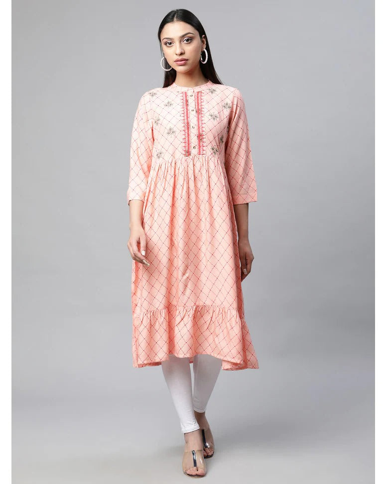 Peach printed flared kurti for women
