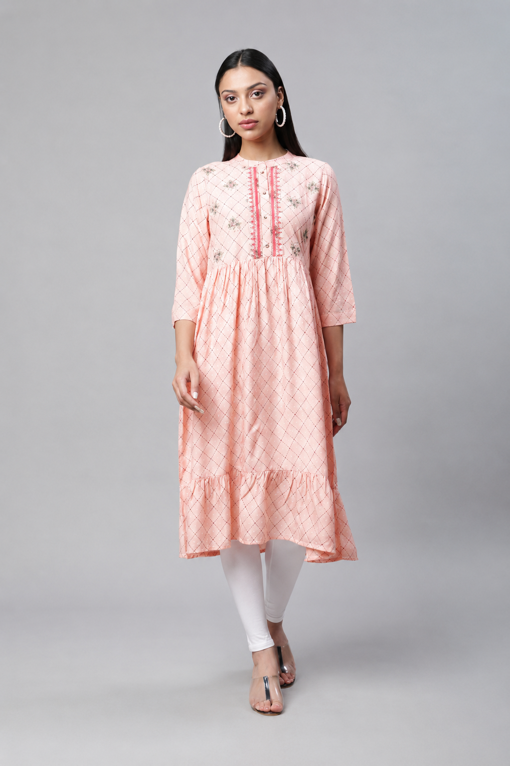 Peach printed flared kurti for women