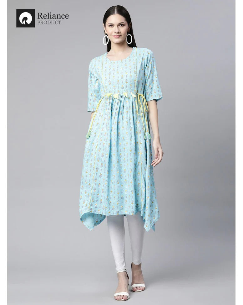 Sky blue printed gathered kurti for women