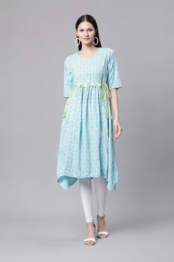 Sky Blue Printed Gathered Kurti for Women